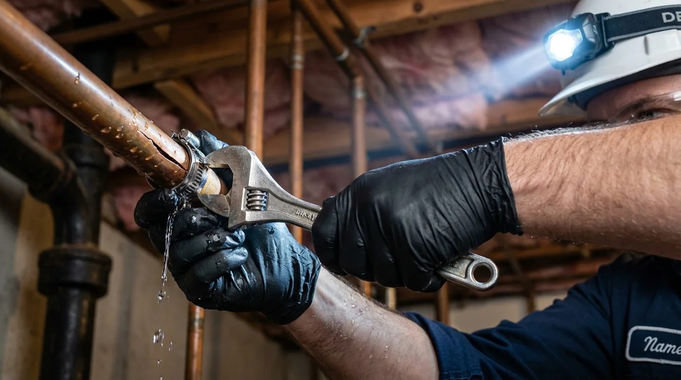 Emergency pipe clamp repair being performed by a Johns Plumbing LLC plumber in Rainier