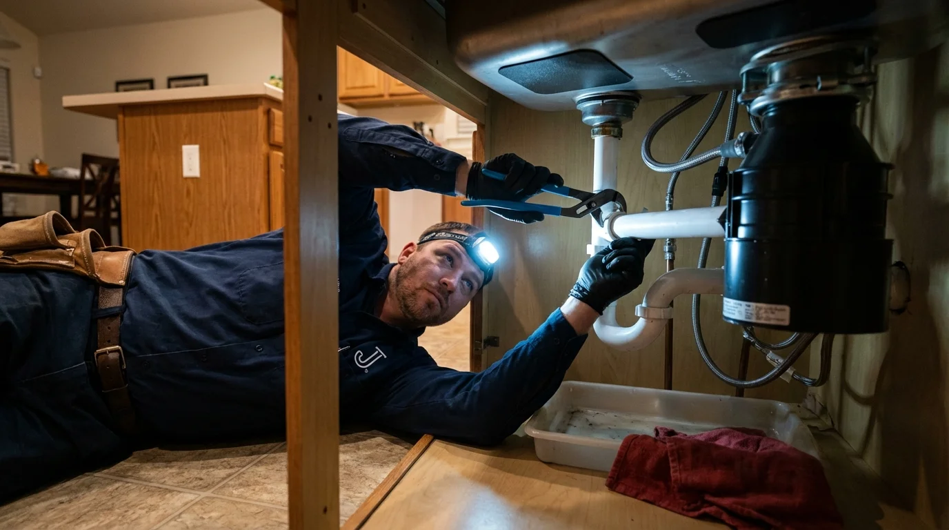 P-trap and supply line connections under a kitchen sink showing a common leak point in Rainier, OR
