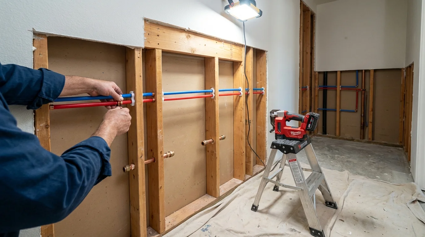 Old galvanized pipes being replaced with modern PEX piping during a whole-house repipe in Rainier, OR